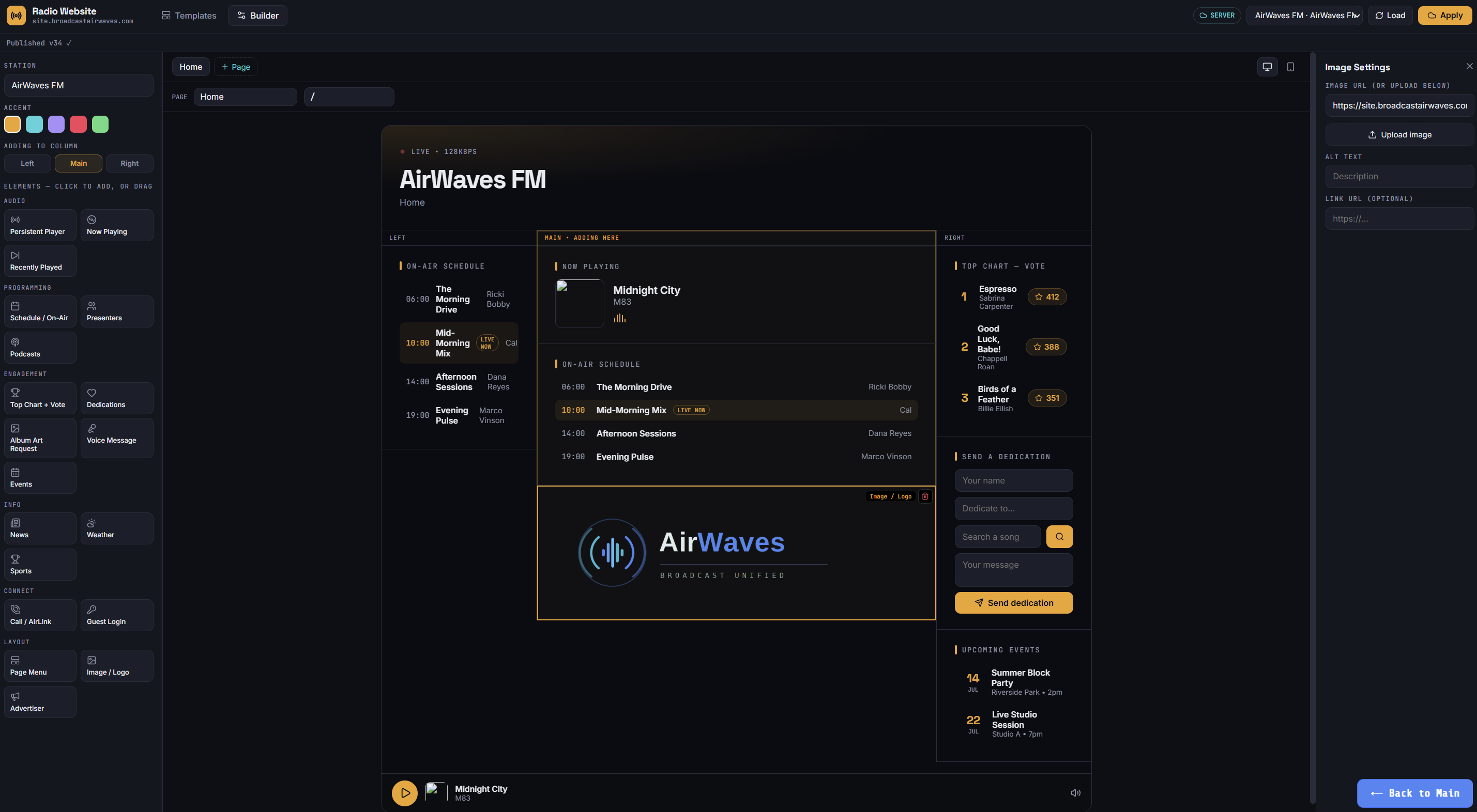 AirWaves Sites drag-and-drop website builder with element palette and live 3-column canvas