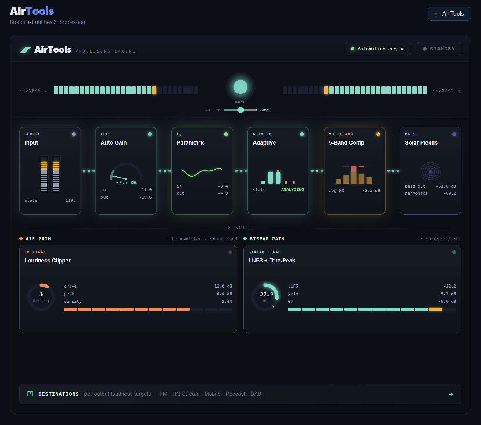 AirTools processing engine signal path with split Air and Stream finals