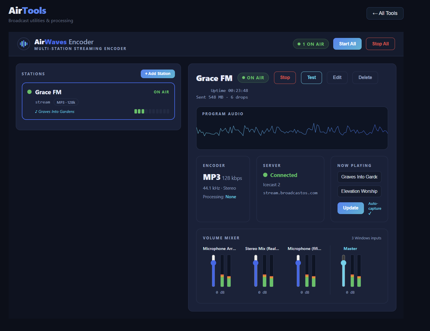AirWaves multi-station streaming encoder with program scope, now-playing and volume mixer