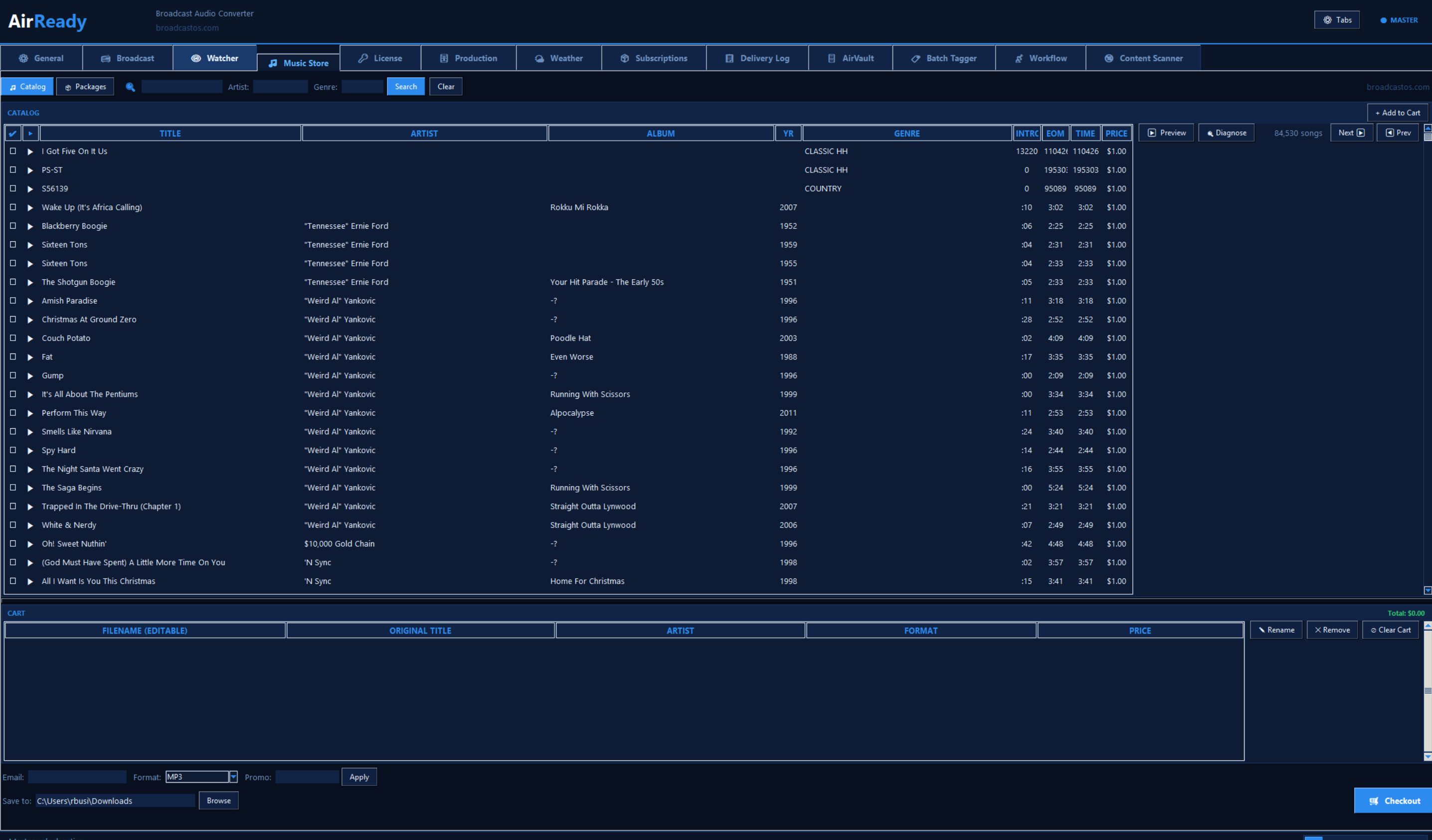 AirWaves library and music store catalog with intro, EOM, time and price columns